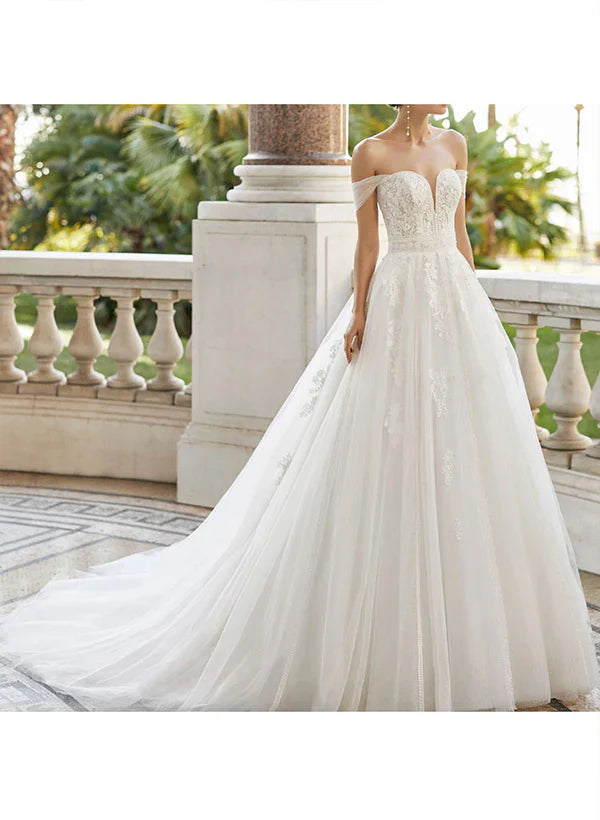 Off-The-Shoulder Ball-Gown Wedding Dresses With Short Sleeves Tulle Lace And Appliques Elegant