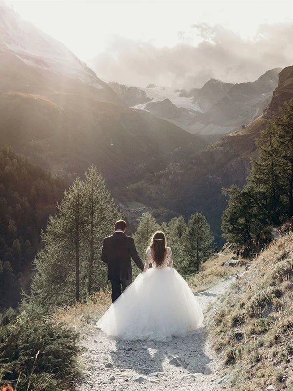 Backless Ball Gown Wedding Dresses Tulle Bridal Gowns With Long Sleeves Elegant