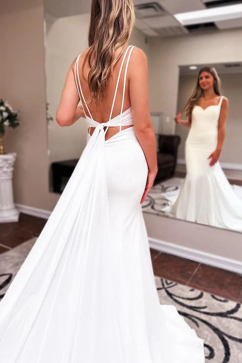 Long Chiffon Boho Wedding Dress Sweetheart Backless Ivory Beautiful