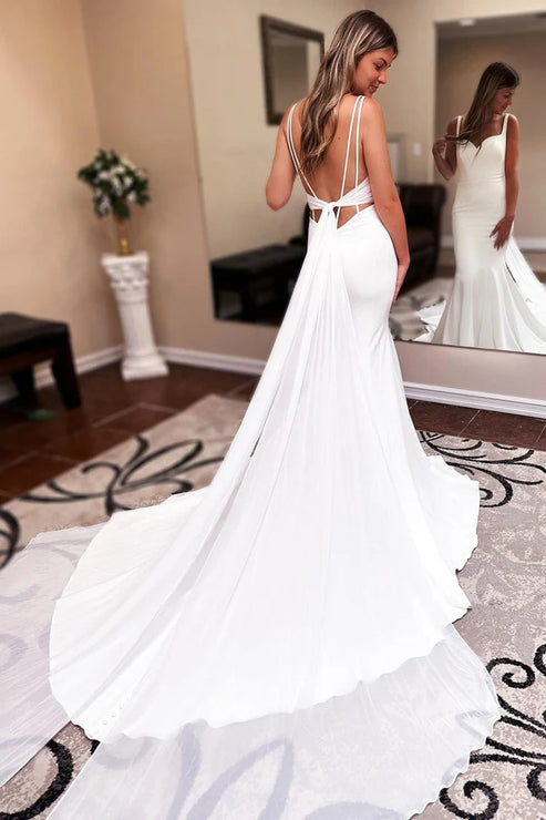 Long Chiffon Boho Wedding Dress Sweetheart Backless Ivory Beautiful
