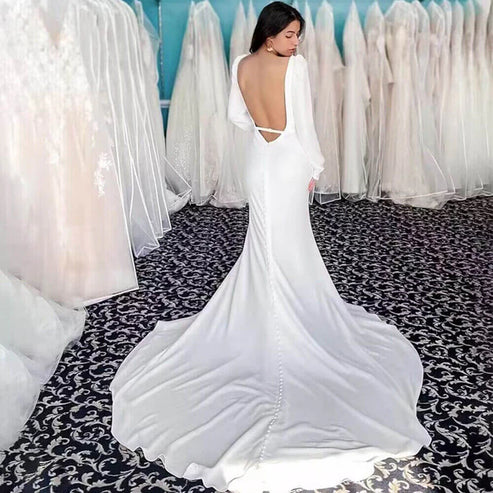 Mermaid High Side Split Backless Long Sleeves Square Neck Satin Wedding Dresses Open Back