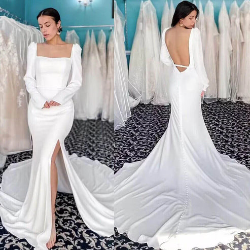 Mermaid High Side Split Backless Long Sleeves Square Neck Satin Wedding Dresses Open Back