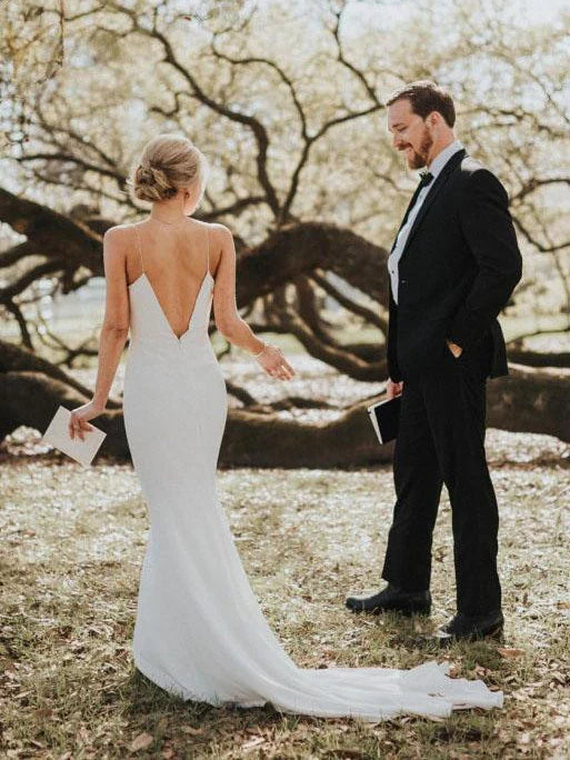Simple Wedding Dresses Mermaid Spaghetti Straps Long Satin Bridal Gowns Elegant