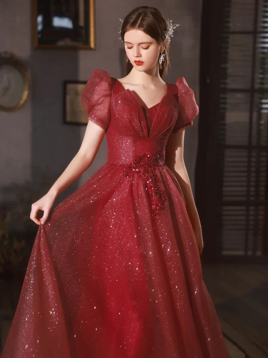 Wine Red Tulle Shiny Tulle V-neckline Lace-up Prom Dress, Wine Red Formal Dress