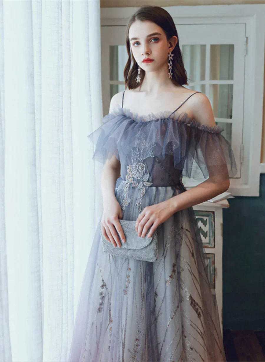 Beautiful Gradient Straps Off Shoulder Tulle A-line Prom Dress, Blue and Pink Party Dress