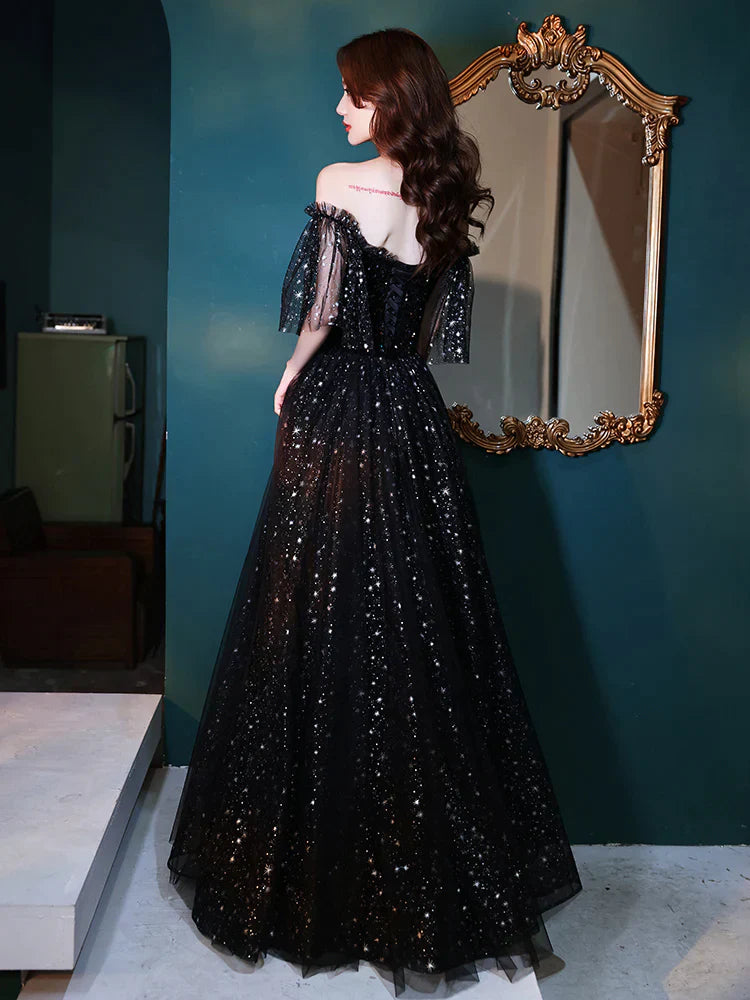 Black Off Shoulder Tulle Long Prom Dress, A-line Black Shiny Tulle Formal Dress