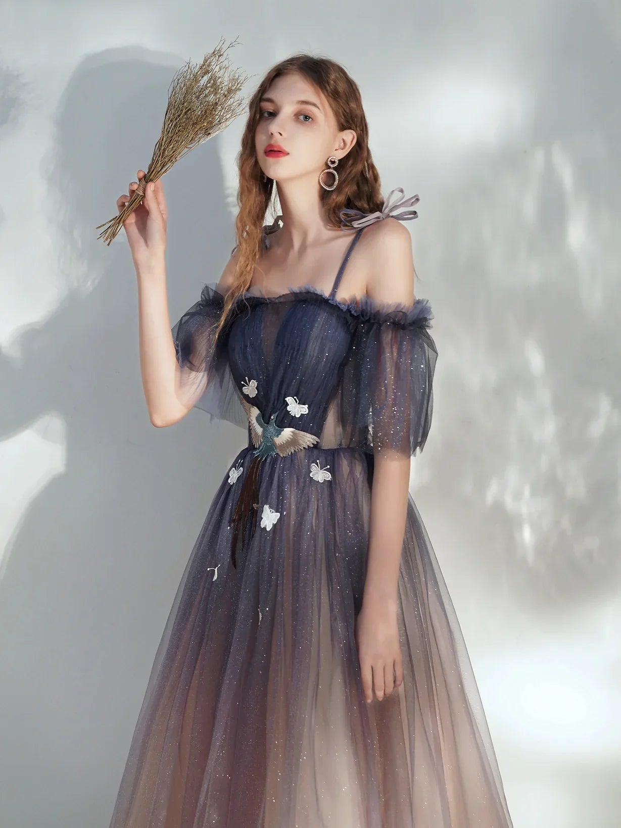 Beautiful Gradient Tulle Off Shoulder with Butterflies, A-line Simple Long Prom Dress