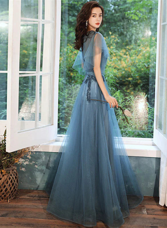 Teal Blue Tulle A-line Long Prom Dress with Lace, Long Formal Dress