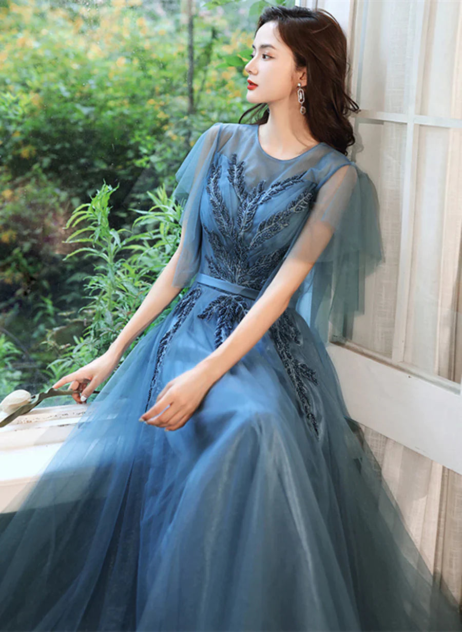 Teal Blue Tulle A-line Long Prom Dress with Lace, Long Formal Dress