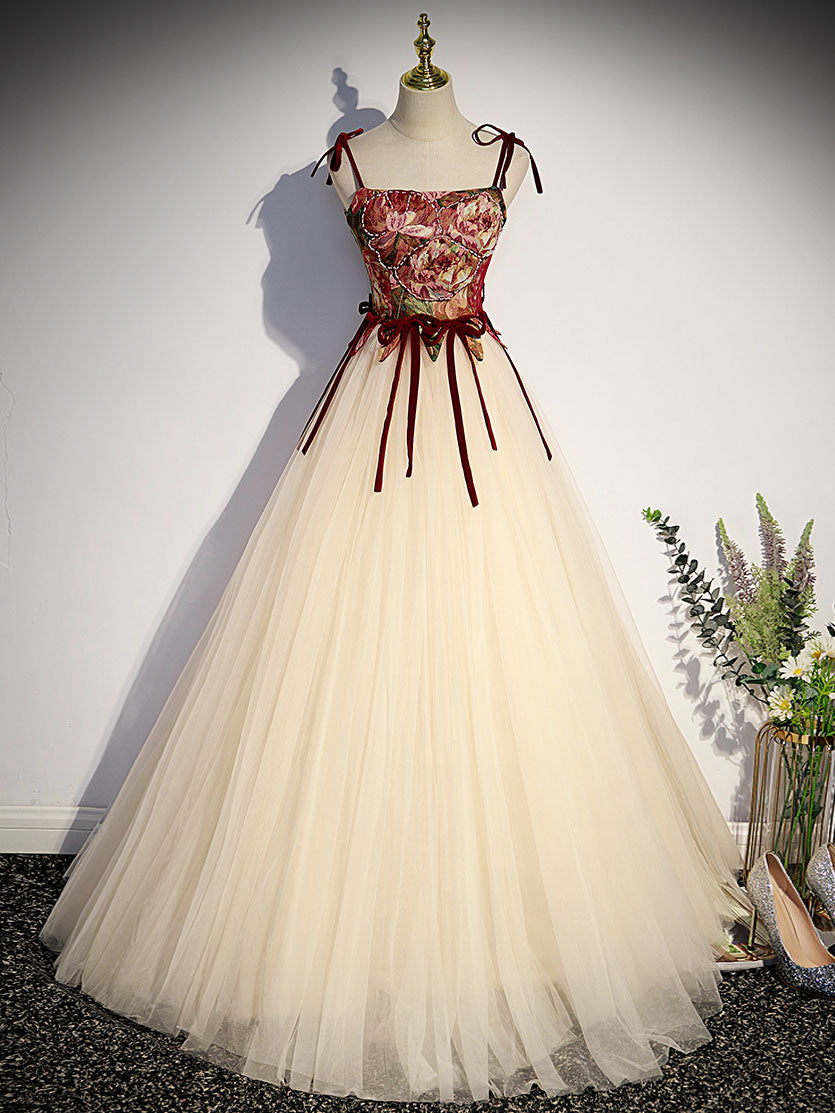 A line champagne long prom dress, champagne tulle formal evening dress