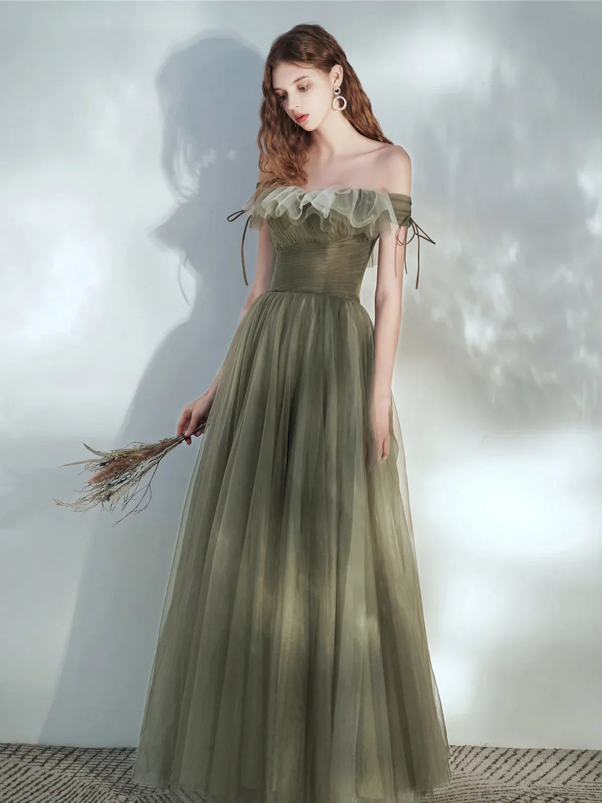 Green Off Shoulder Tulle Long Junior Prom Dress, Green Floor Length Party Dress
