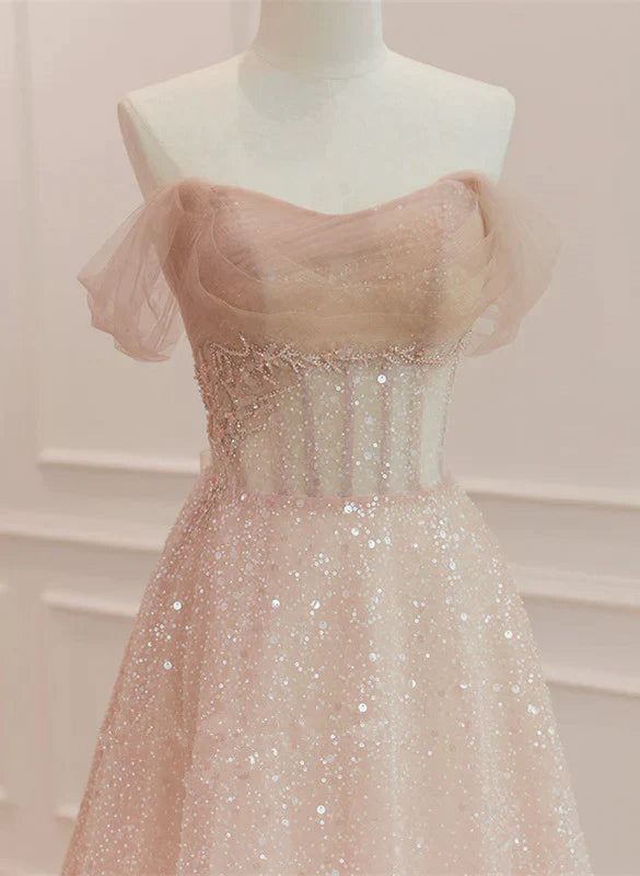 Pink Sparkle Tulle with Beadings Long A-line Formal Dress, Pink Tulle Sweetheart Prom Dress
