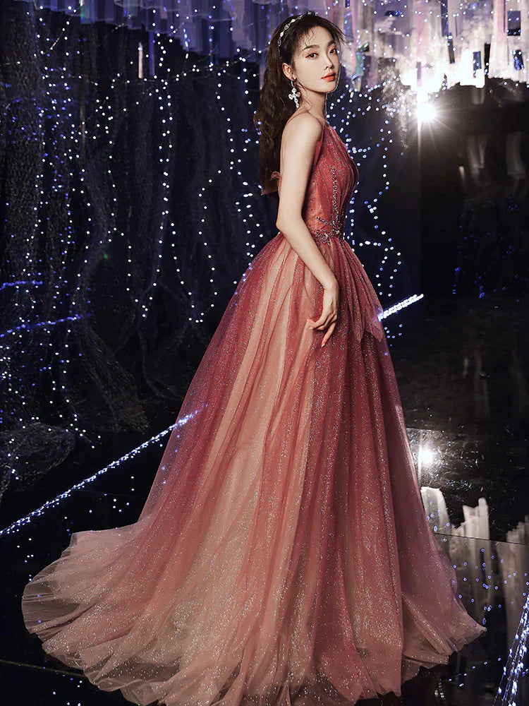 Red Gradient Beaded Beautiful Shiny Tulle Prom Dress, Long A-line Formal Dress
