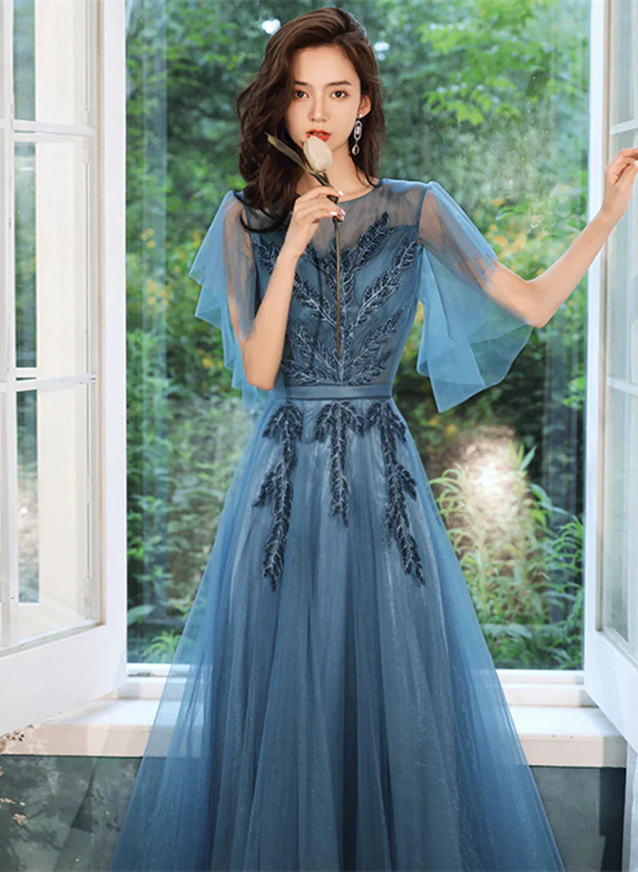 Teal Blue Tulle A-line Long Prom Dress with Lace, Long Formal Dress