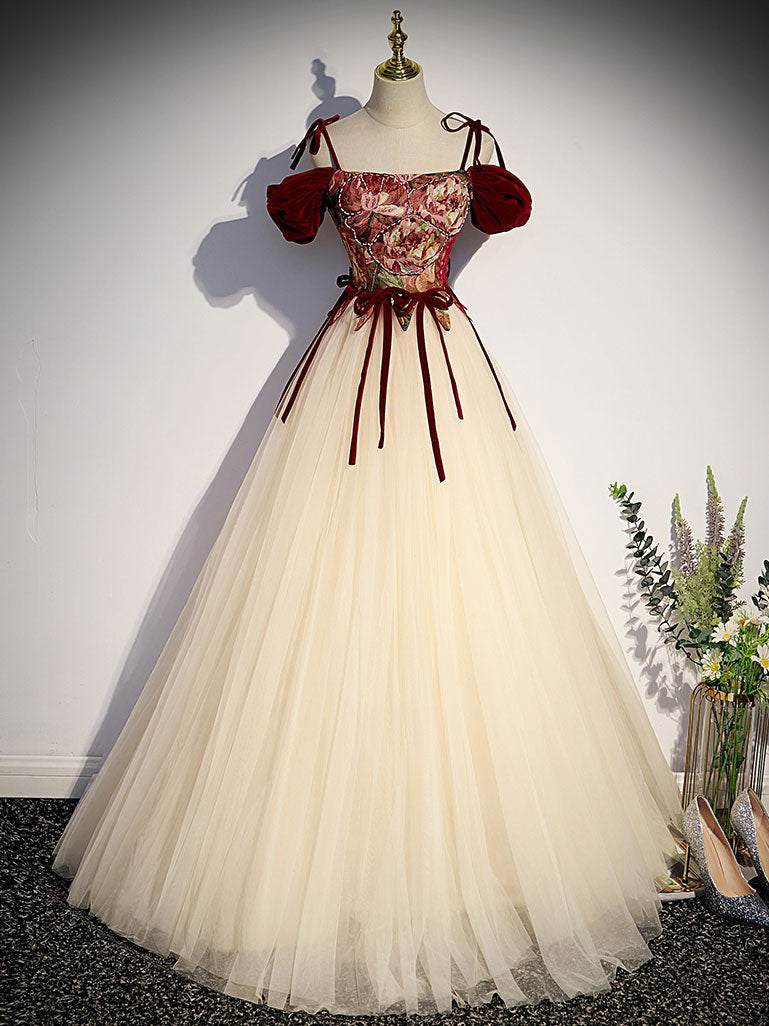 A line champagne long prom dress, champagne tulle formal evening dress
