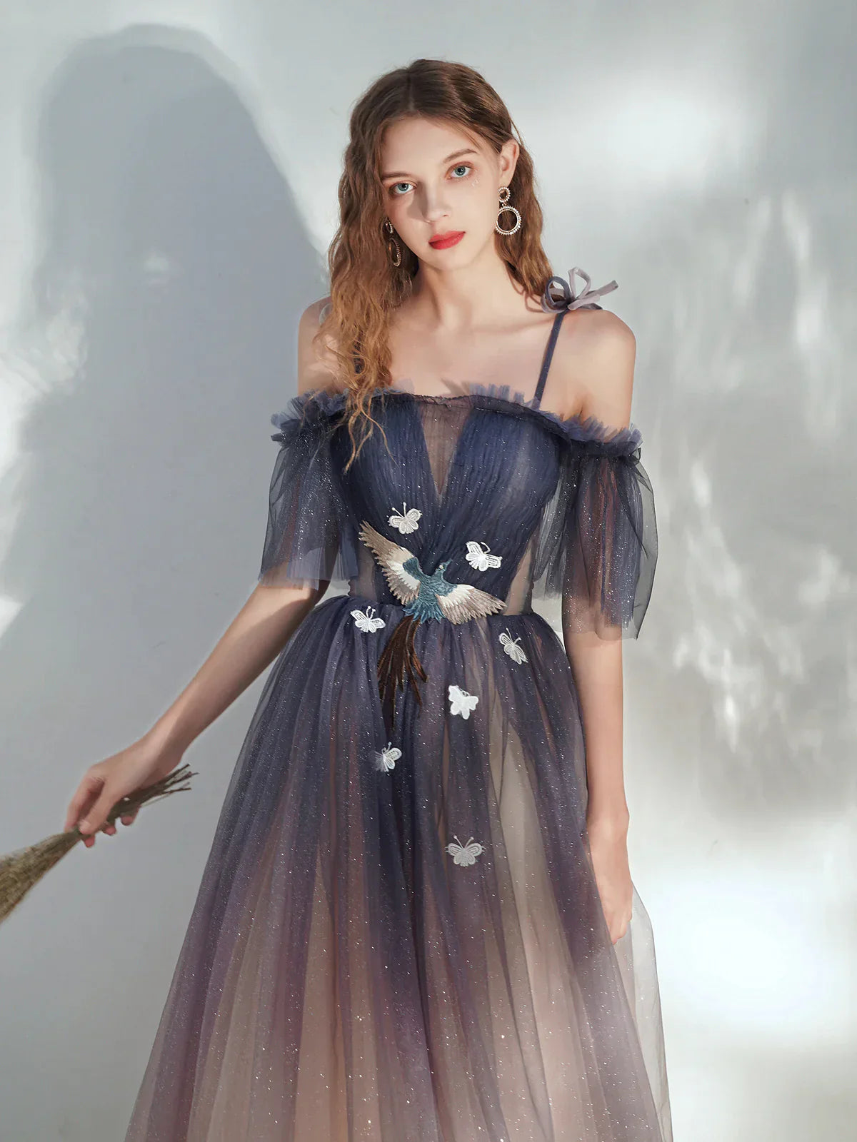 Beautiful Gradient Tulle Off Shoulder with Butterflies, A-line Simple Long Prom Dress