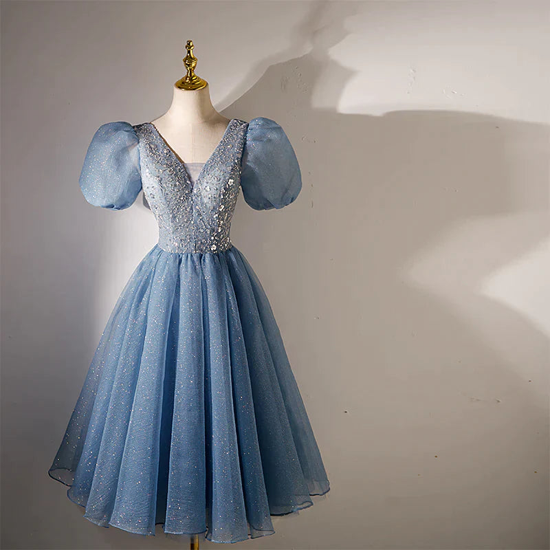 Blue Beaded Tulle Short Sleeves Formal Dresses, Blue Homecoming Dress Prom Dress