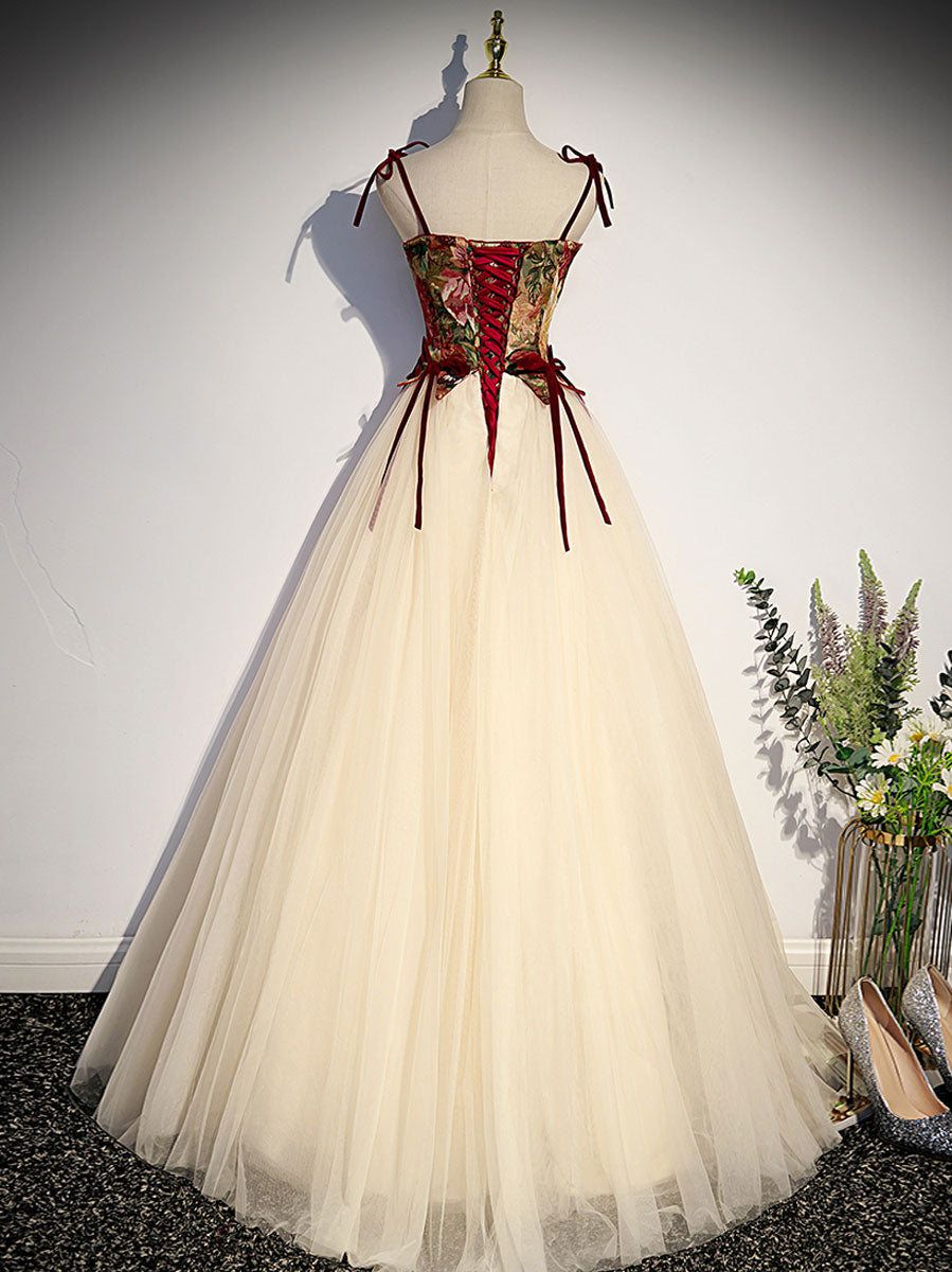 A line champagne long prom dress, champagne tulle formal evening dress