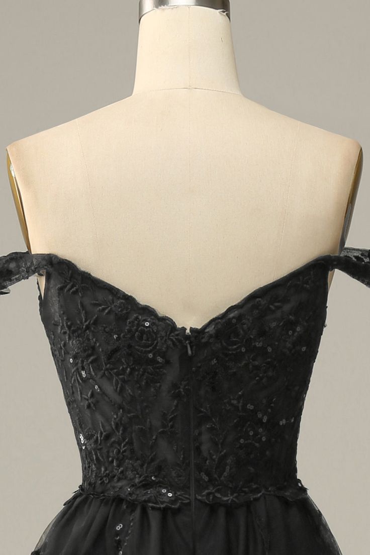 A line Off Shoulder Black Lace Long Prom Dress With High Slit P1513