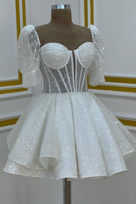 Sparkly A line Short Cocktail Dresses White Sequin 18th Birthday Outfits P1817