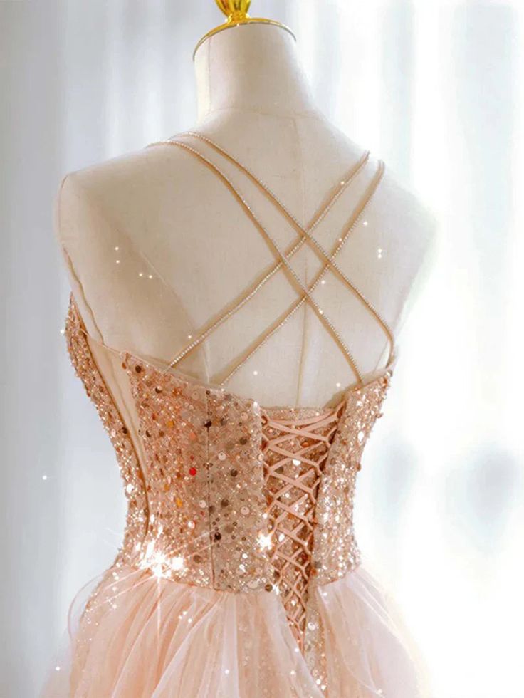 Hot Shiny A line Spaghetti Straps Sleeveless Sequin Tulle Long Prom Dresses P2298
