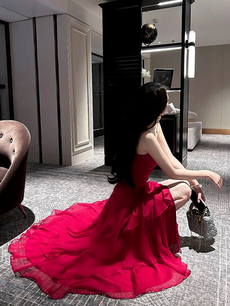 Pretty Sheath Spaghetti Straps Red Long Length Chiffon Prom Dresses Evening Gowns Birthday Dress P2353