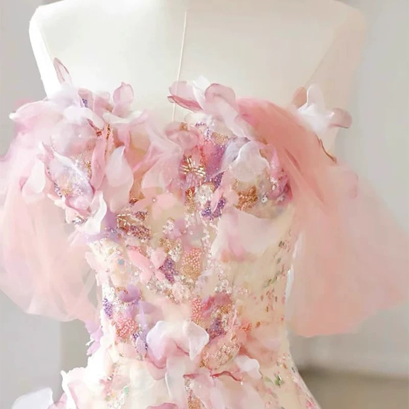 Sexy A Line Off The Shoulder Pink Tulle Floor Length Floral Prom Dresses P2395