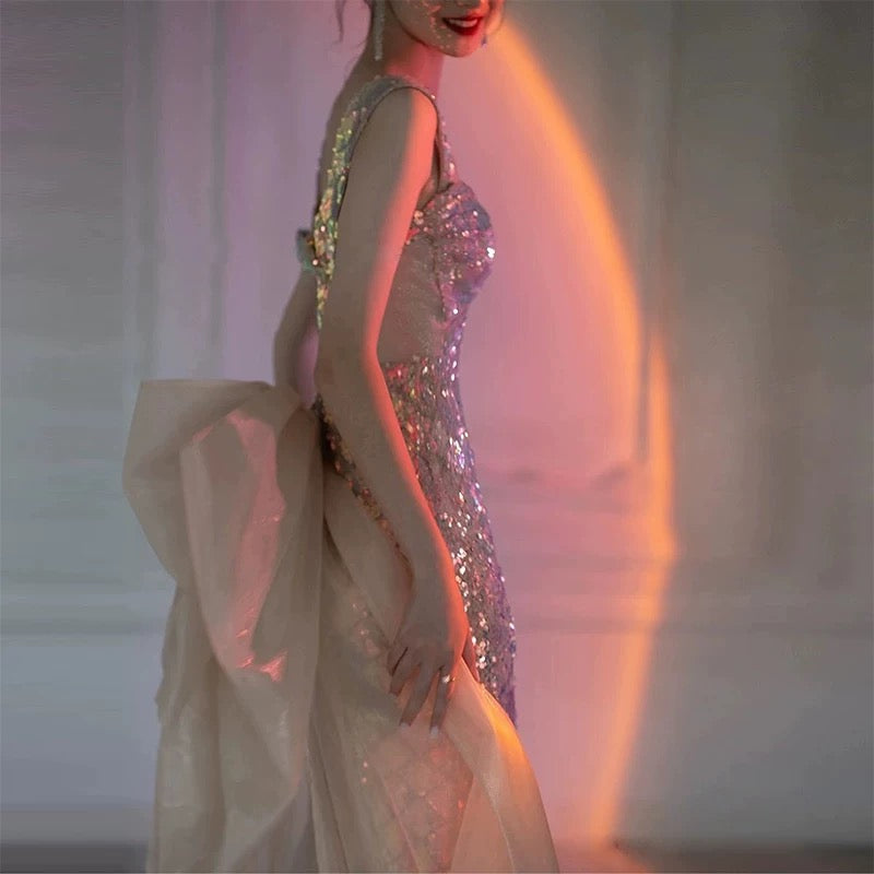 Sexy Mermaid Square Neckline Sequin Floor Length Floral Prom Dresses P2397