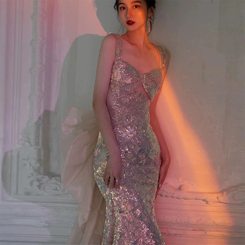 Sexy Mermaid Square Neckline Sequin Floor Length Floral Prom Dresses P2397