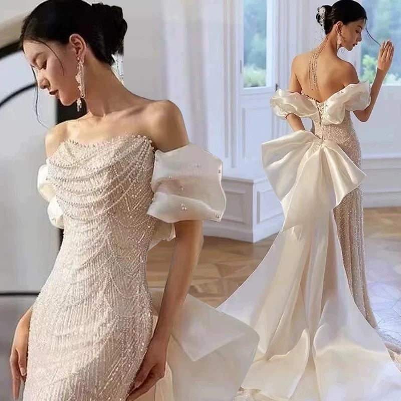 Sexy Mermaid Off The Shoulder Cap Sleeves Sequin Floor Length Pearls Prom Dresses P2398
