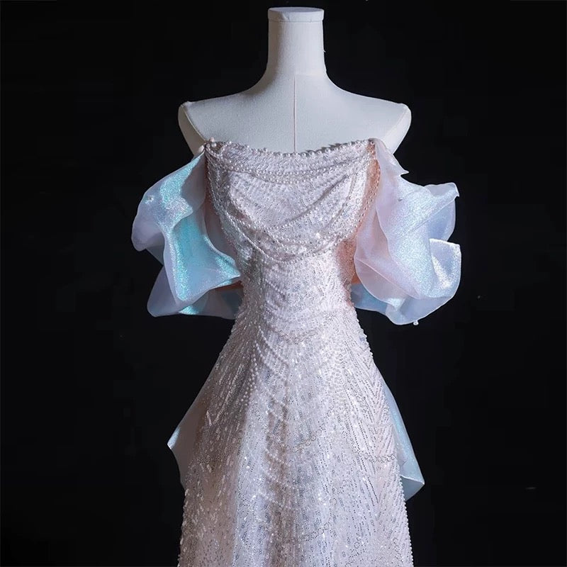 Modest A line Off The Shoulder Pink Sequin Long Floor Length Pearls Prom Dresses P2404