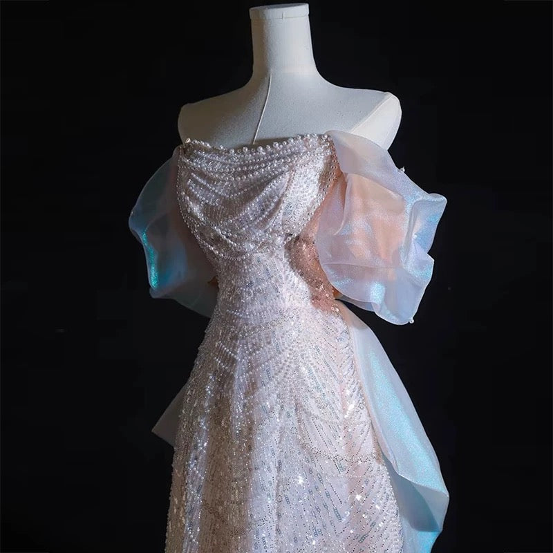 Modest A line Off The Shoulder Pink Sequin Long Floor Length Pearls Prom Dresses P2404
