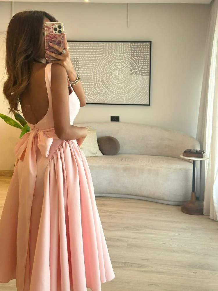 Cute A line Straps Pink Satin Tea Length Prom Dress With Bow P2416