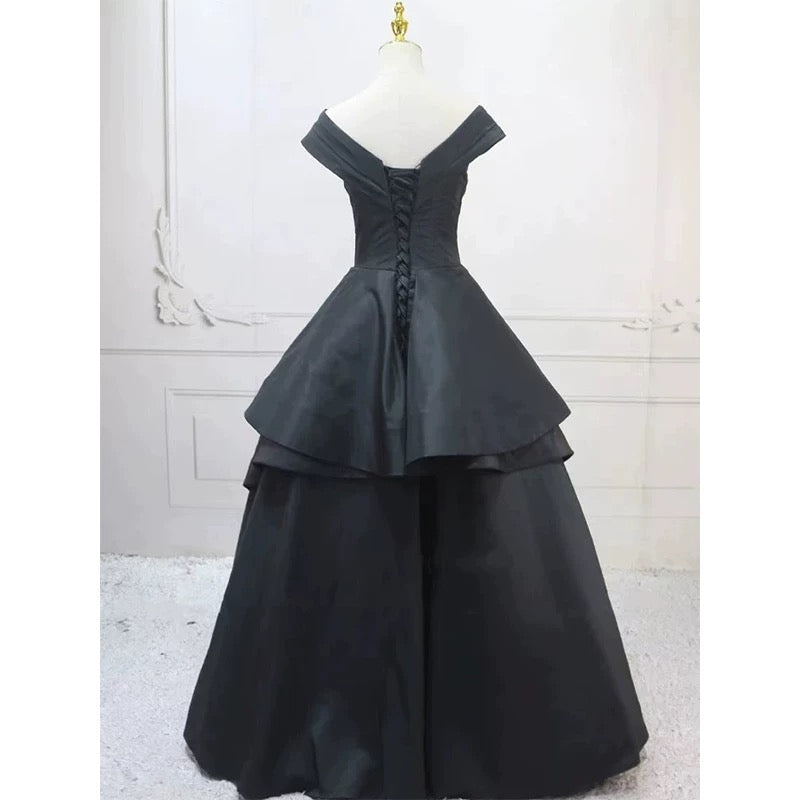 Pretty Ball Gown Off The Shoulder Black Satin Prom Dresses Evening Dress P2460