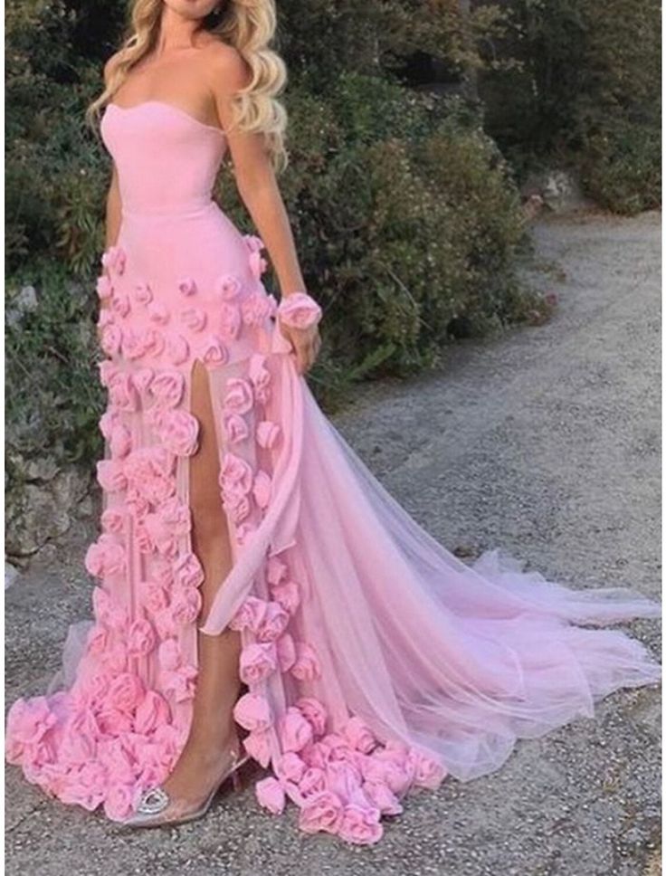 Sexy A line Sweetheart Sleeveless Party Dress Pink Slit Flowers Prom Dress P861