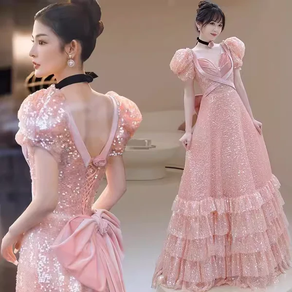 Modest A line Pink Short Sleeves Sequin Ruffles Long Prom Dresses PP1007