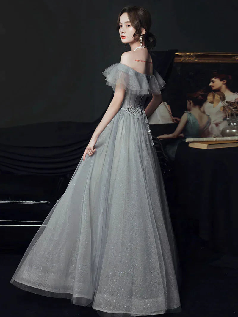 Light Grey Tulle A-line Sweetheart Prom Dress, Grey Off Shoulder Party Dresses
