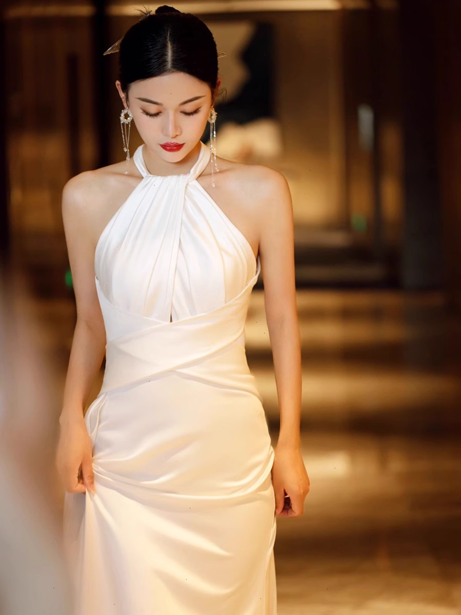 Simple Mermaid Halter Party Dresses Long White Prom Dresses P731