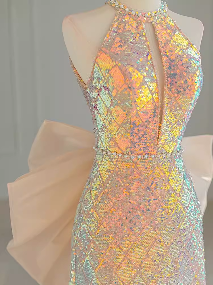 Sparkle A line Scoop Neckline Sequin Gold Long Prom Dress P1370