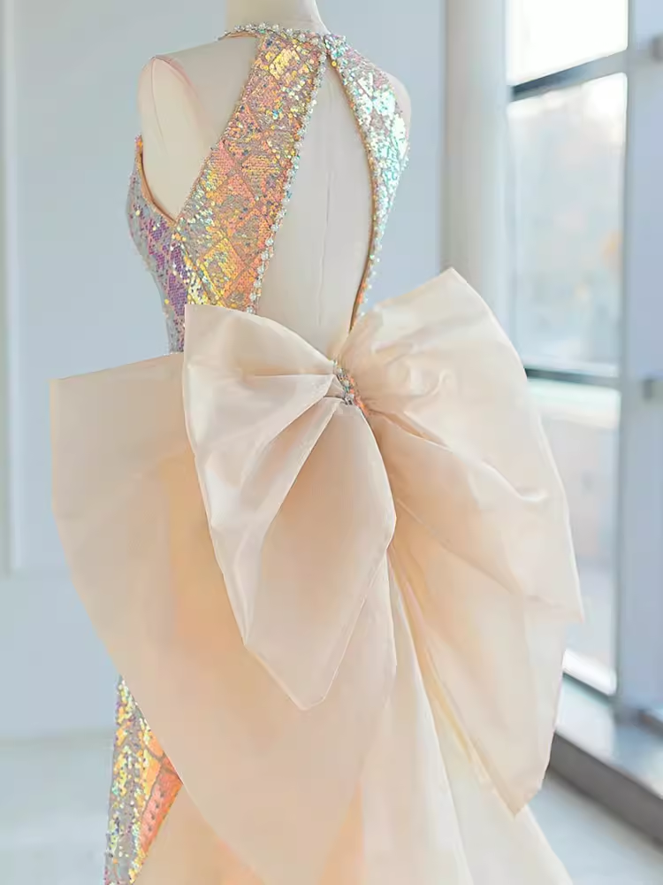 Sparkle A line Scoop Neckline Sequin Gold Long Prom Dress P1370