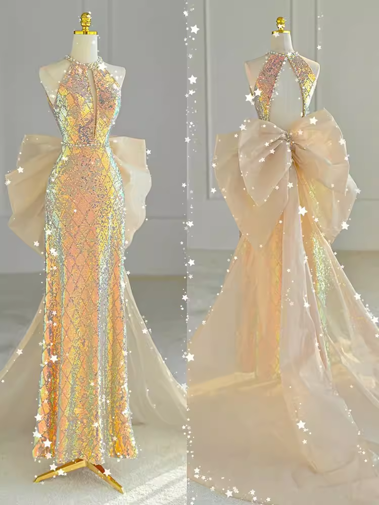 Sparkle A line Scoop Neckline Sequin Gold Long Prom Dress P1370