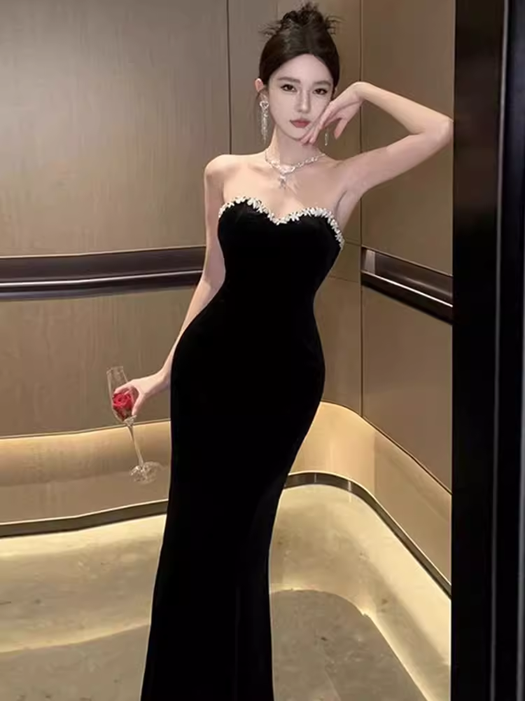 Mermaid Sweetheart Long Black Velvet Prom Dresses P1922