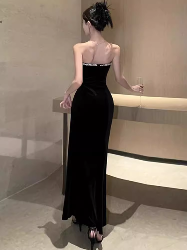 Mermaid Sweetheart Long Black Velvet Prom Dresses P1922