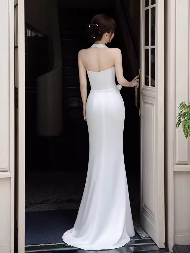 Simple Mermaid Halter Long White Prom Dresses P1925