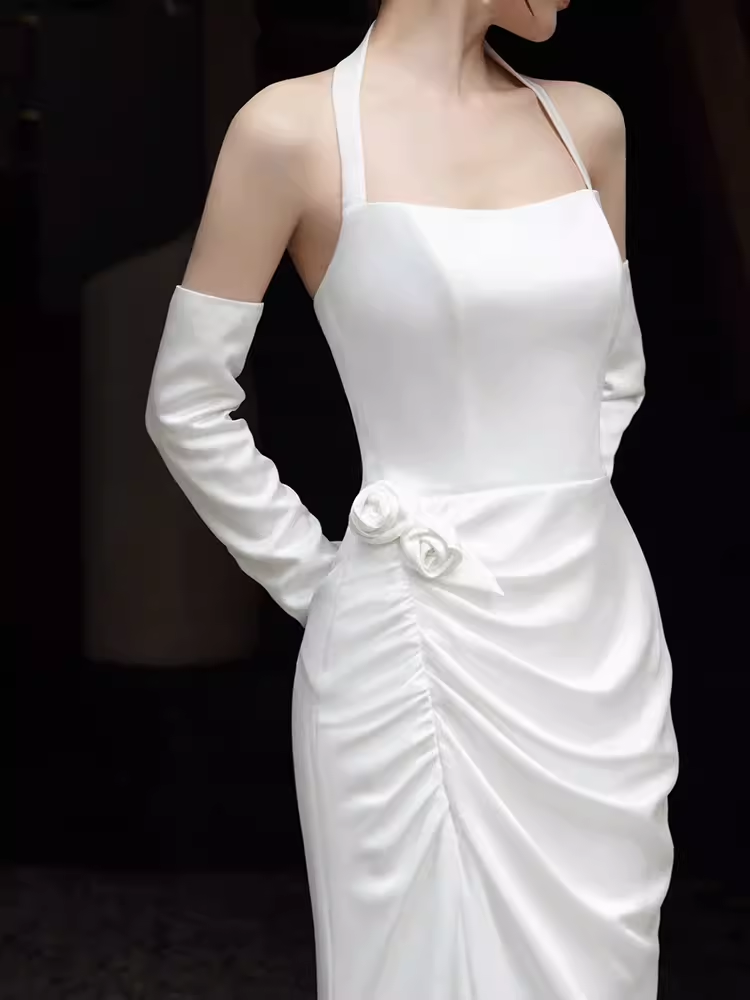 Simple Mermaid Halter Long White Prom Dresses P1925