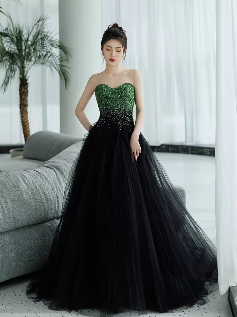 Ball Gown Sweetheart Tulle Black Prom Dresses Evening Dress P1985