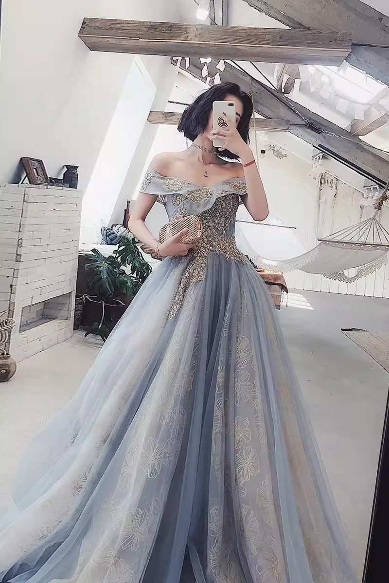 A line Off The Shoulder Gray Prom Dresses Long Evening Dress P2027
