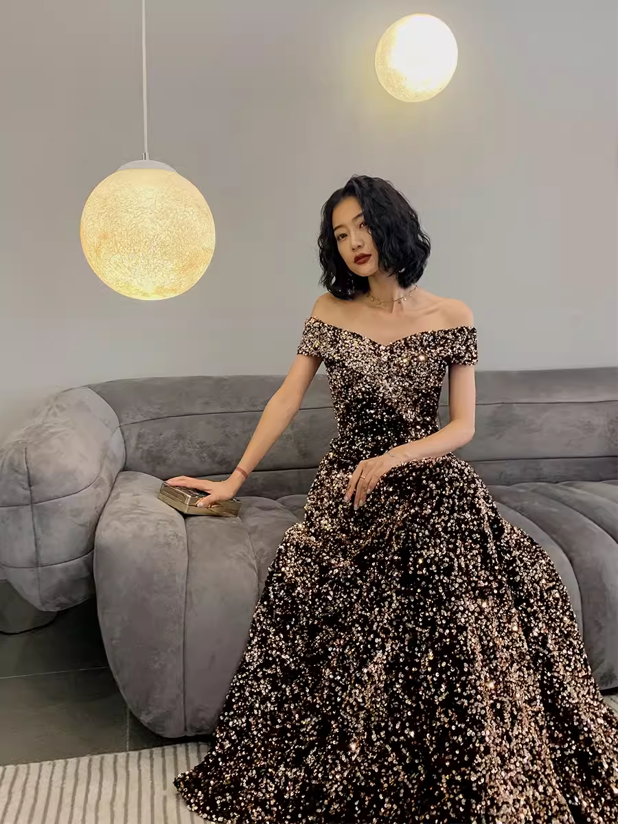 Simple A line Sequin Prom Dresses Evening Dress P2063