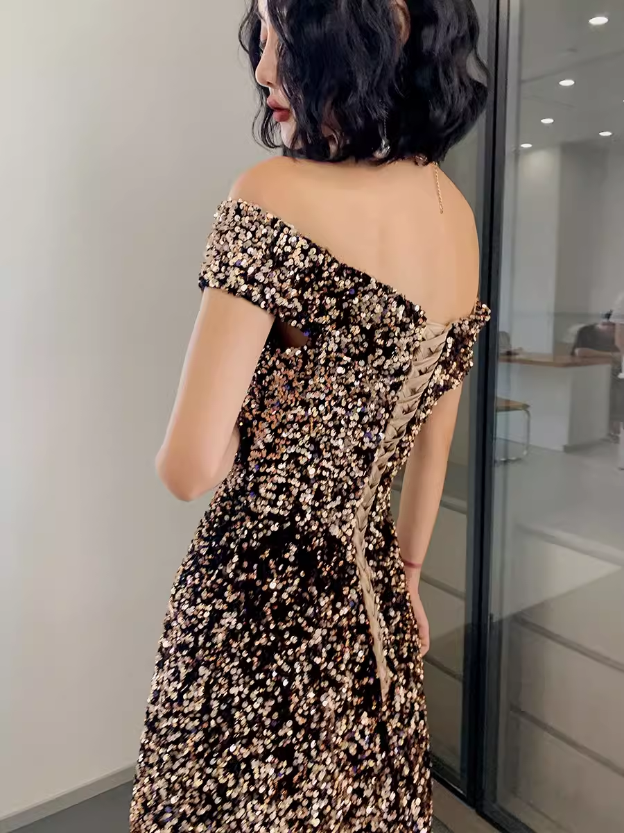 Simple A line Sequin Prom Dresses Evening Dress P2063