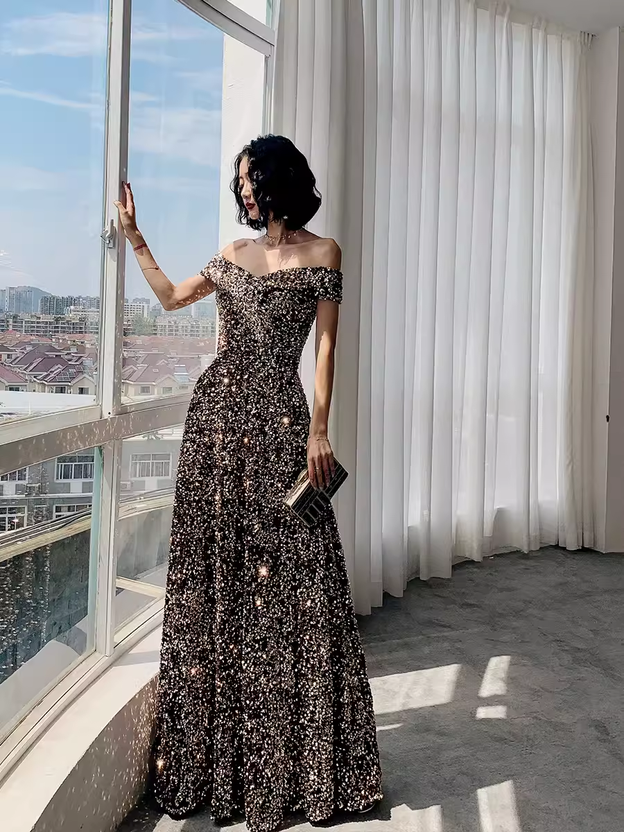 Simple A line Sequin Prom Dresses Evening Dress P2063